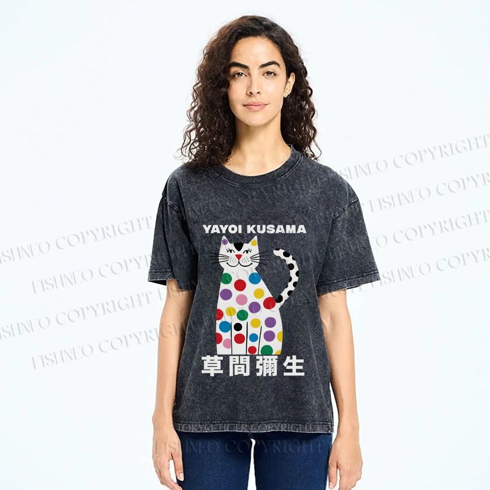 Unisex Yayoi Kusama White Cat With Multicolor Dots Printed Washed Tee
