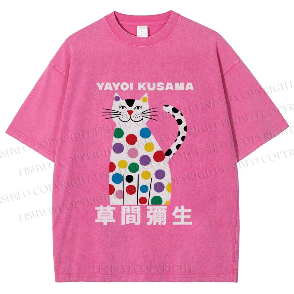 Unisex Yayoi Kusama White Cat With Multicolor Dots Printed Washed Tee