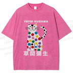 Unisex Yayoi Kusama White Cat With Multicolor Dots Printed Washed Tee