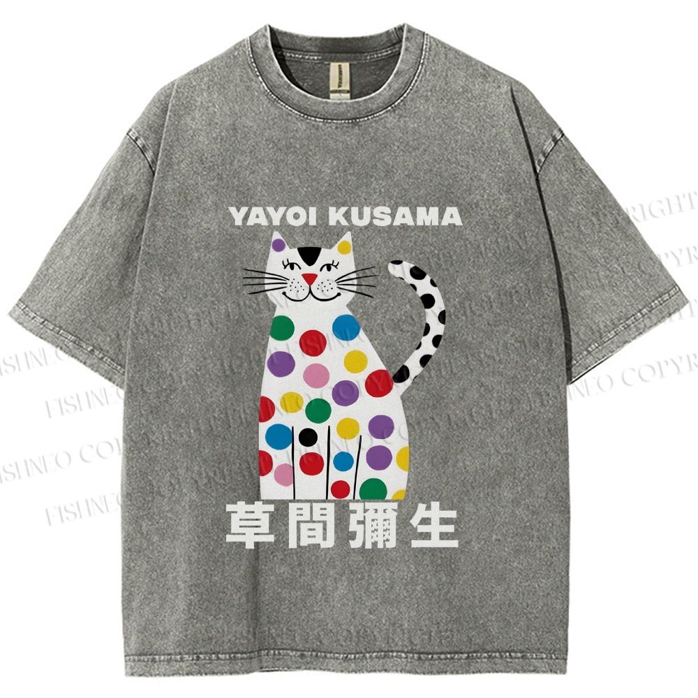 Unisex Yayoi Kusama White Cat With Multicolor Dots Printed Washed Tee