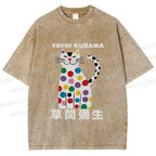 Unisex Yayoi Kusama White Cat With Multicolor Dots Printed Washed Tee