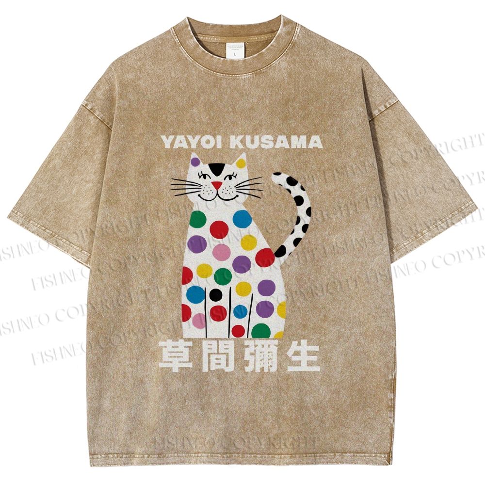 Unisex Yayoi Kusama White Cat With Multicolor Dots Printed Washed Tee
