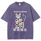 Unisex Yayoi Kusama White Cat With Multicolor Dots Printed Washed Tee