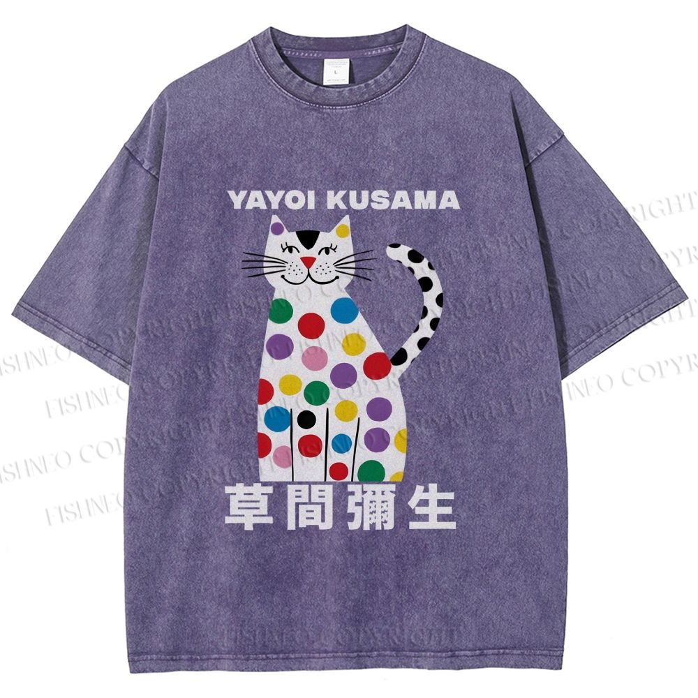 Unisex Yayoi Kusama White Cat With Multicolor Dots Printed Washed Tee