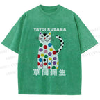 Unisex Yayoi Kusama White Cat With Multicolor Dots Printed Washed Tee