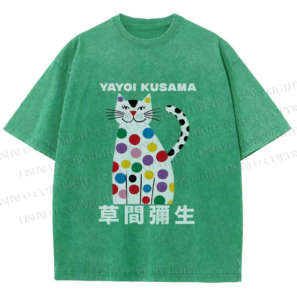 Unisex Yayoi Kusama White Cat With Multicolor Dots Printed Washed Tee