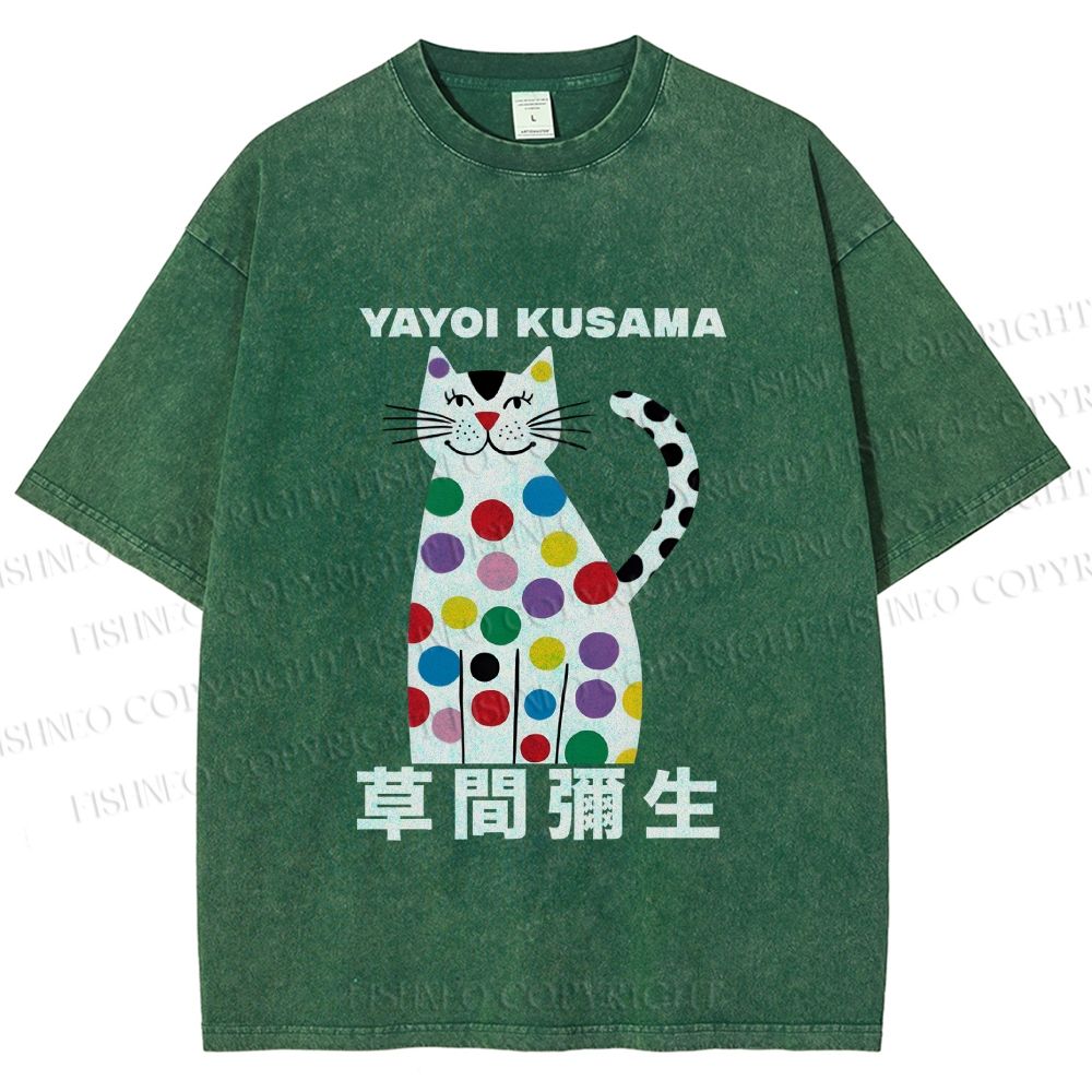 Unisex Yayoi Kusama White Cat With Multicolor Dots Printed Washed Tee