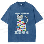 Unisex Yayoi Kusama White Cat With Multicolor Dots Printed Washed Tee