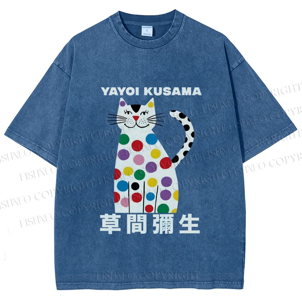 Unisex Yayoi Kusama White Cat With Multicolor Dots Printed Washed Tee