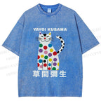 Unisex Yayoi Kusama White Cat With Multicolor Dots Printed Washed Tee