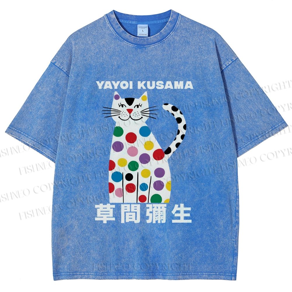 Unisex Yayoi Kusama White Cat With Multicolor Dots Printed Washed Tee