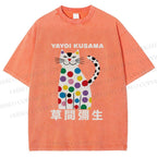 Unisex Yayoi Kusama White Cat With Multicolor Dots Printed Washed Tee