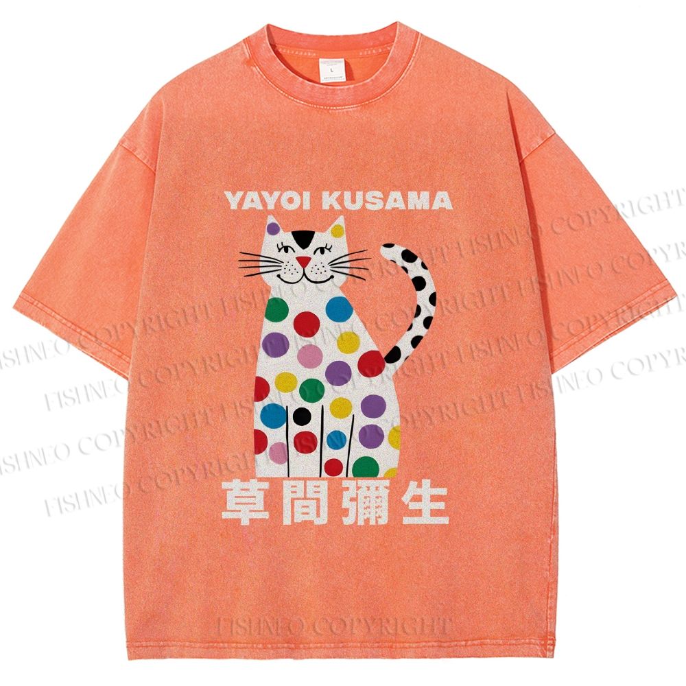 Unisex Yayoi Kusama White Cat With Multicolor Dots Printed Washed Tee