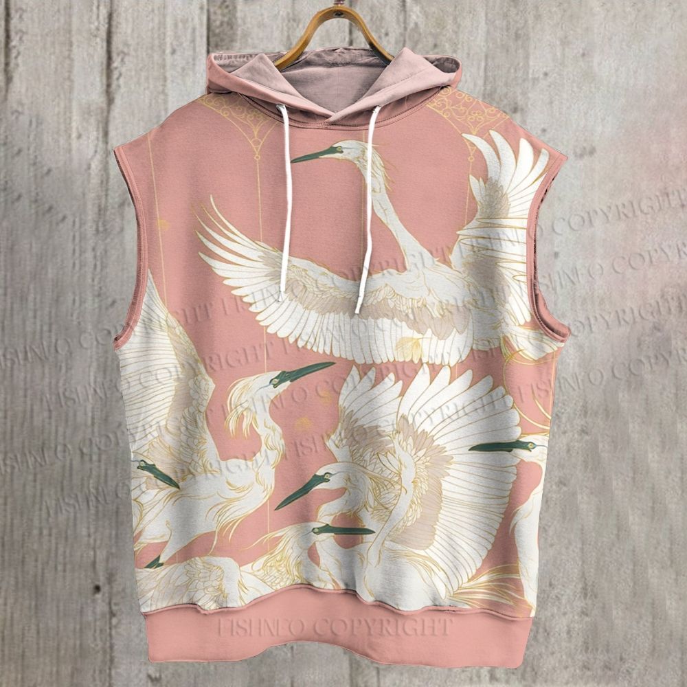 Unisex Crane Printed Sleeveless Hoodie