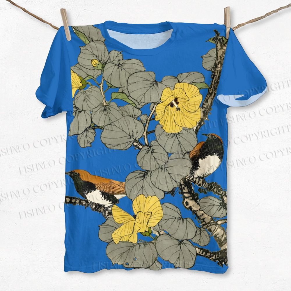 Unisex Two Birds With Yellow Flowers Vintage Printed Classic T-shirt
