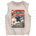 Unisex Ninja Cat Printed Washed Tank Top