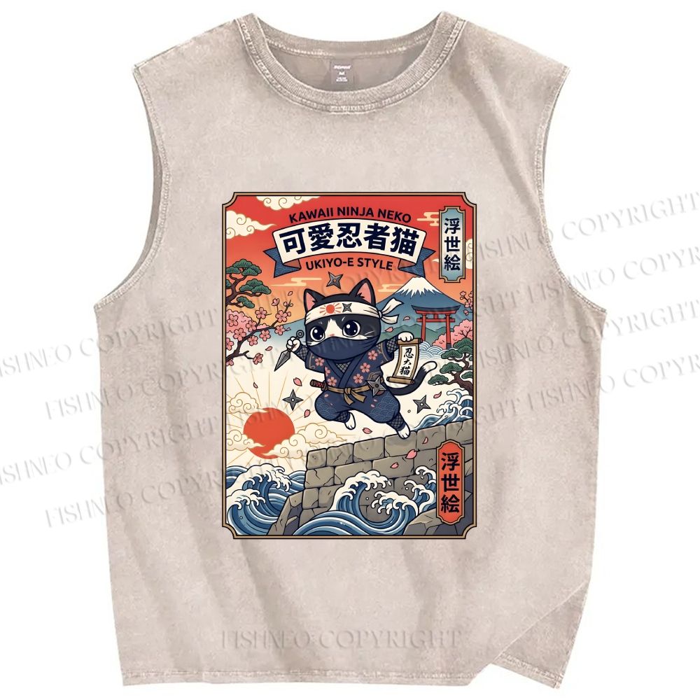 Unisex Ninja Cat Printed Washed Tank Top