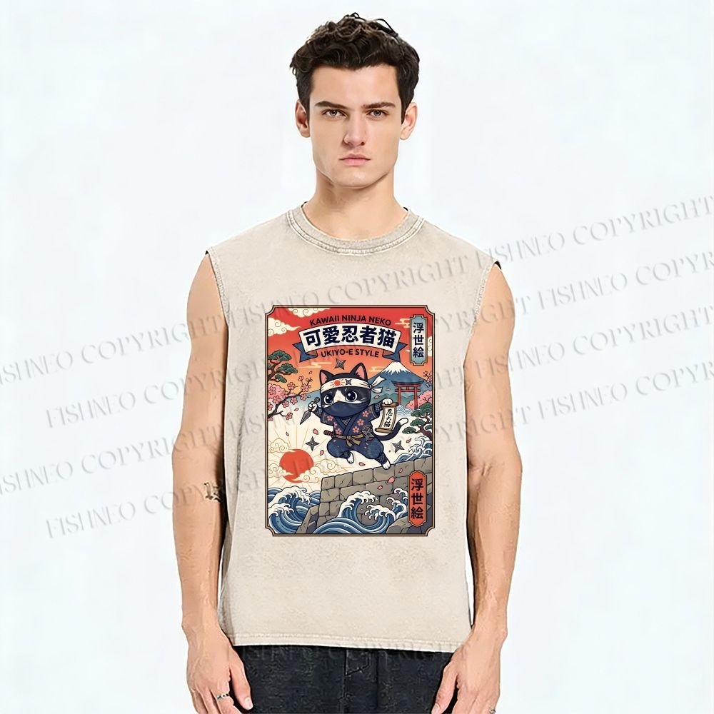 Unisex Ninja Cat Printed Washed Tank Top
