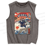 Unisex Ninja Cat Printed Washed Tank Top