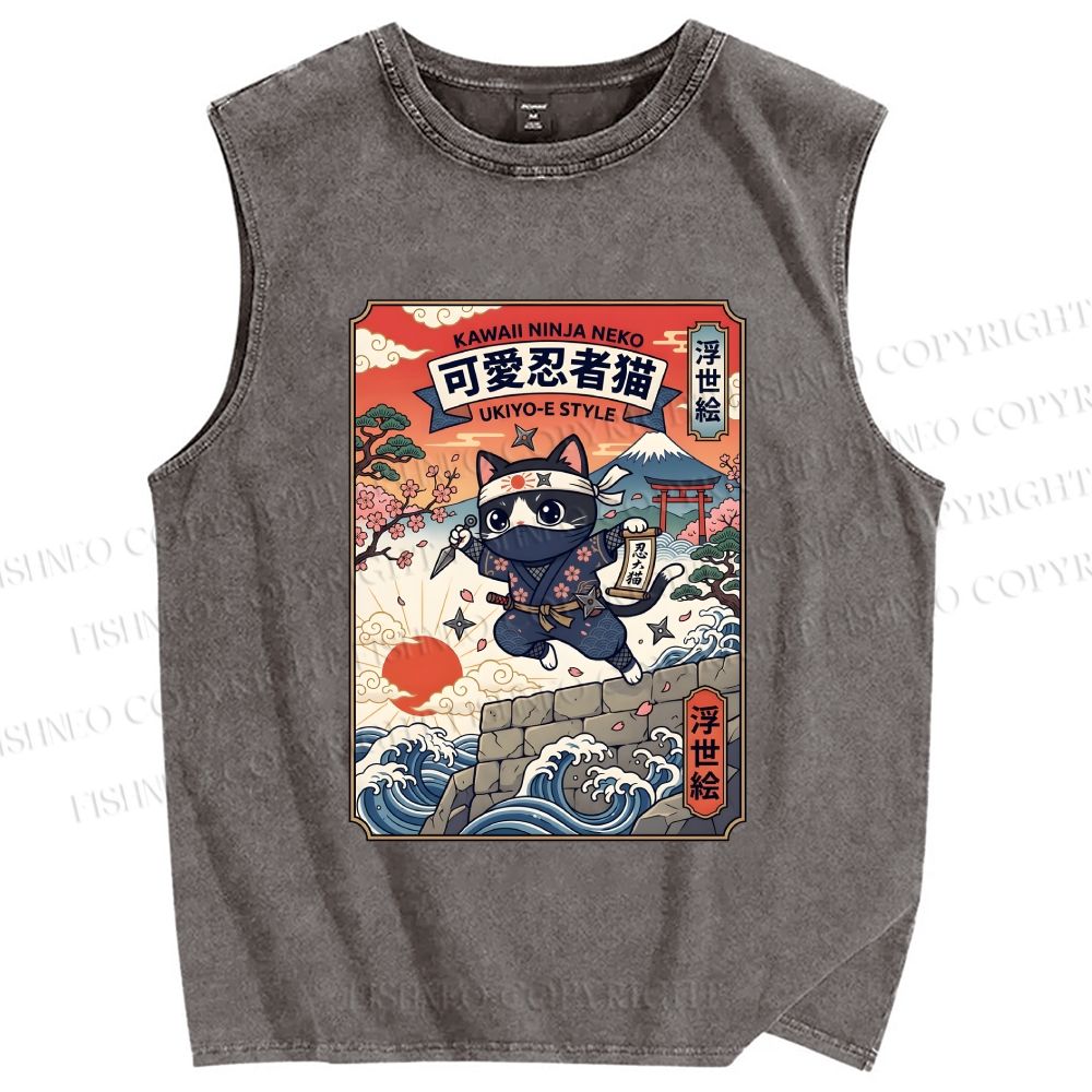 Unisex Ninja Cat Printed Washed Tank Top