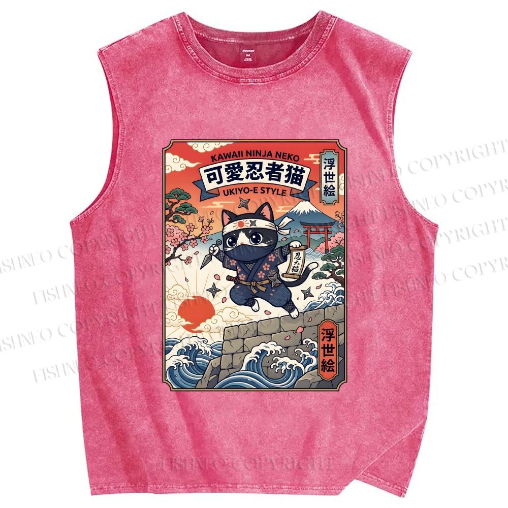Unisex Ninja Cat Printed Washed Tank Top
