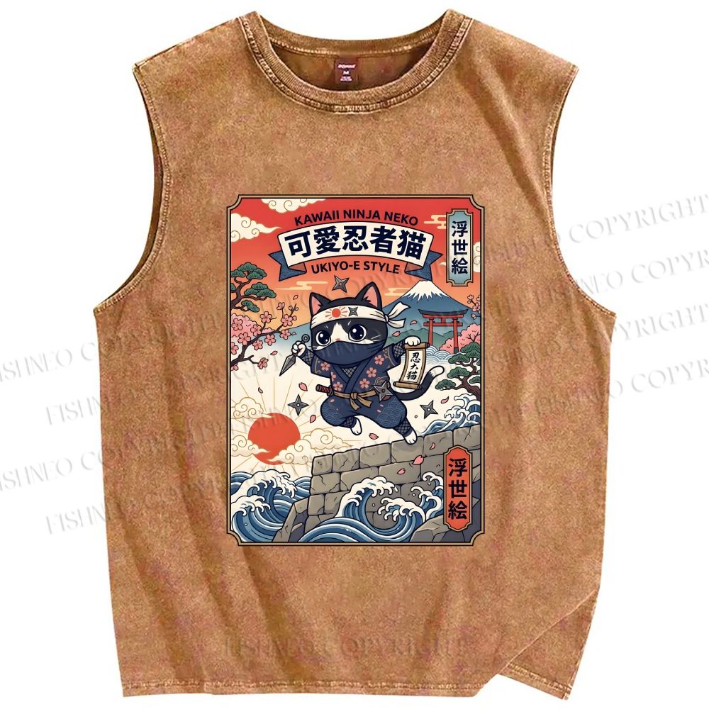 Unisex Ninja Cat Printed Washed Tank Top