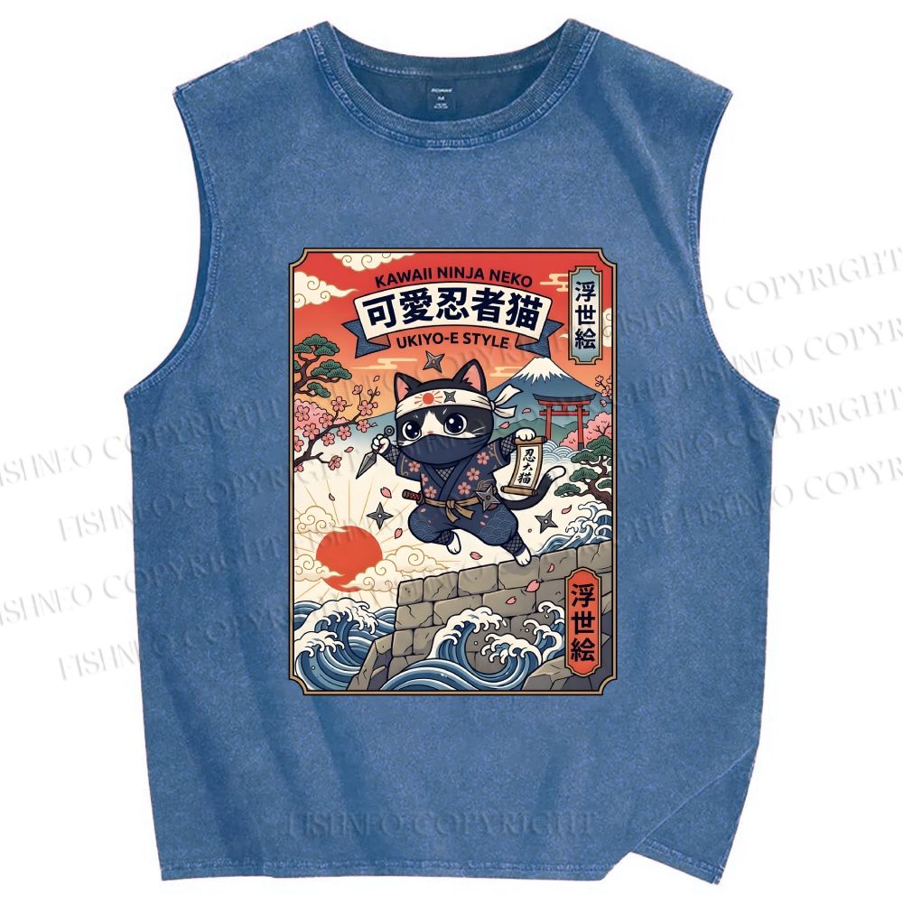 Unisex Ninja Cat Printed Washed Tank Top