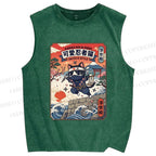 Unisex Ninja Cat Printed Washed Tank Top