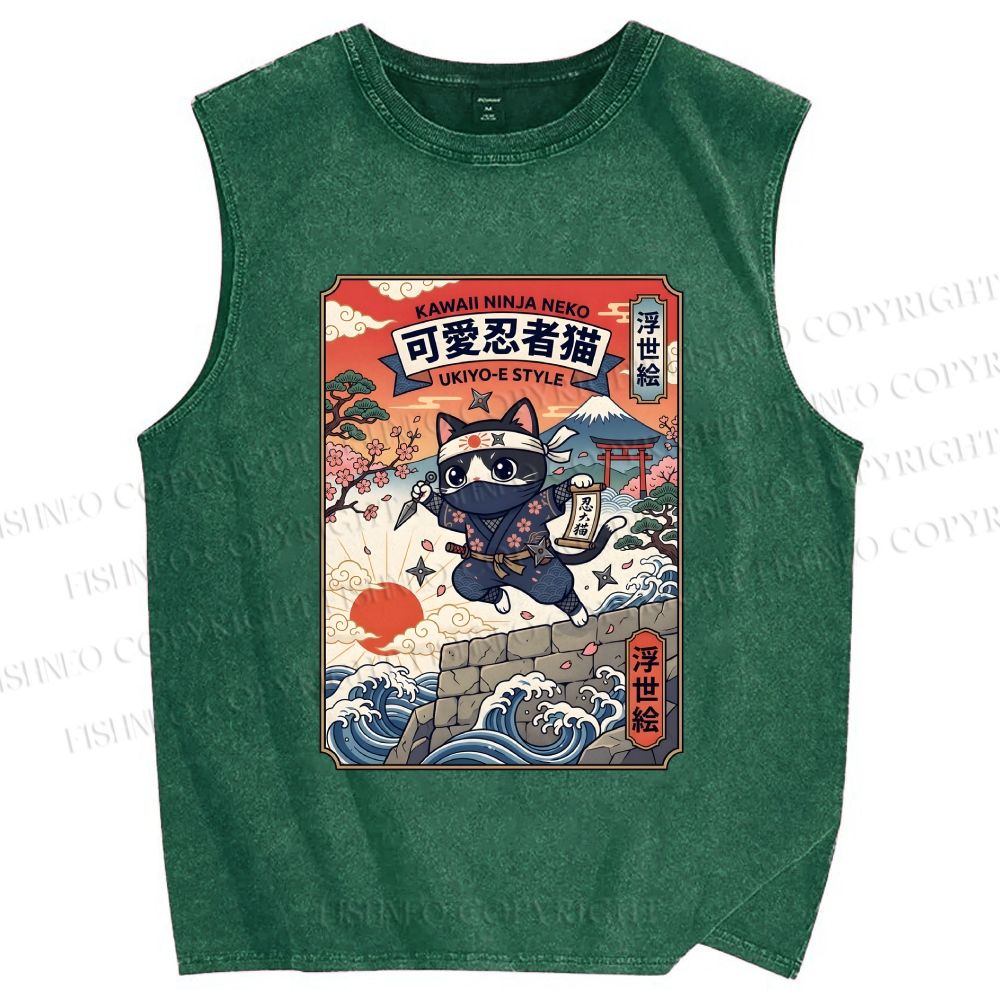 Unisex Ninja Cat Printed Washed Tank Top