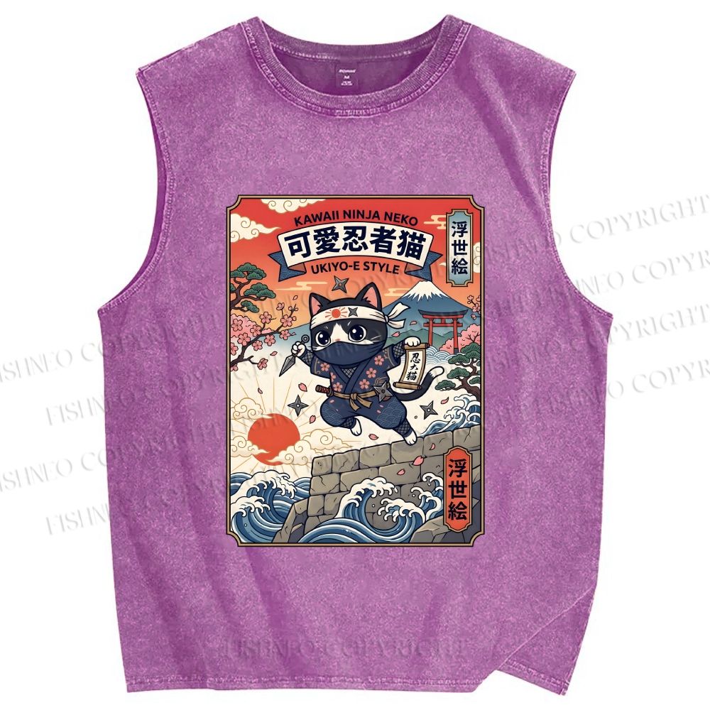 Unisex Ninja Cat Printed Washed Tank Top