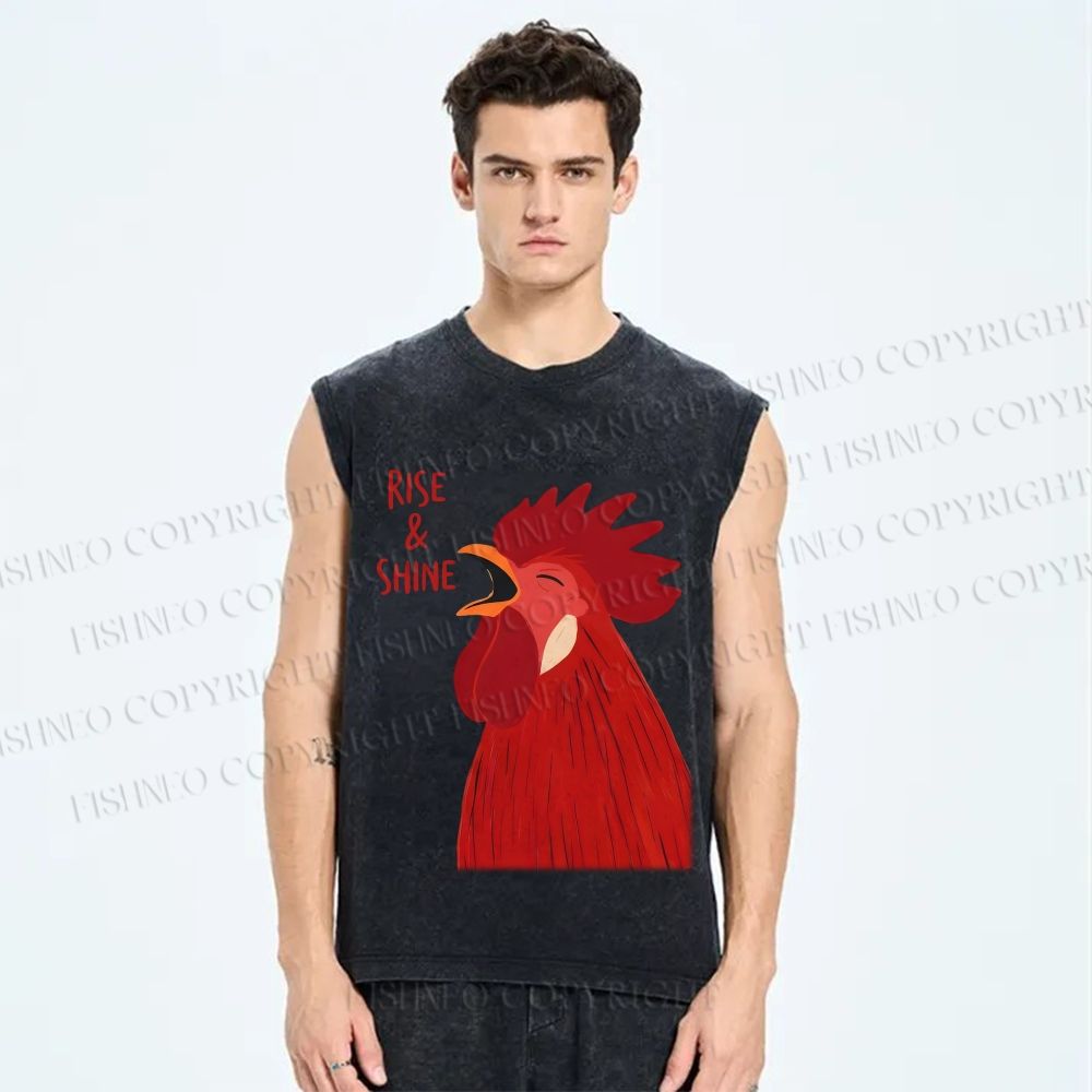 Unisex Rise & Shine Rooster Printed Washed Tank Top