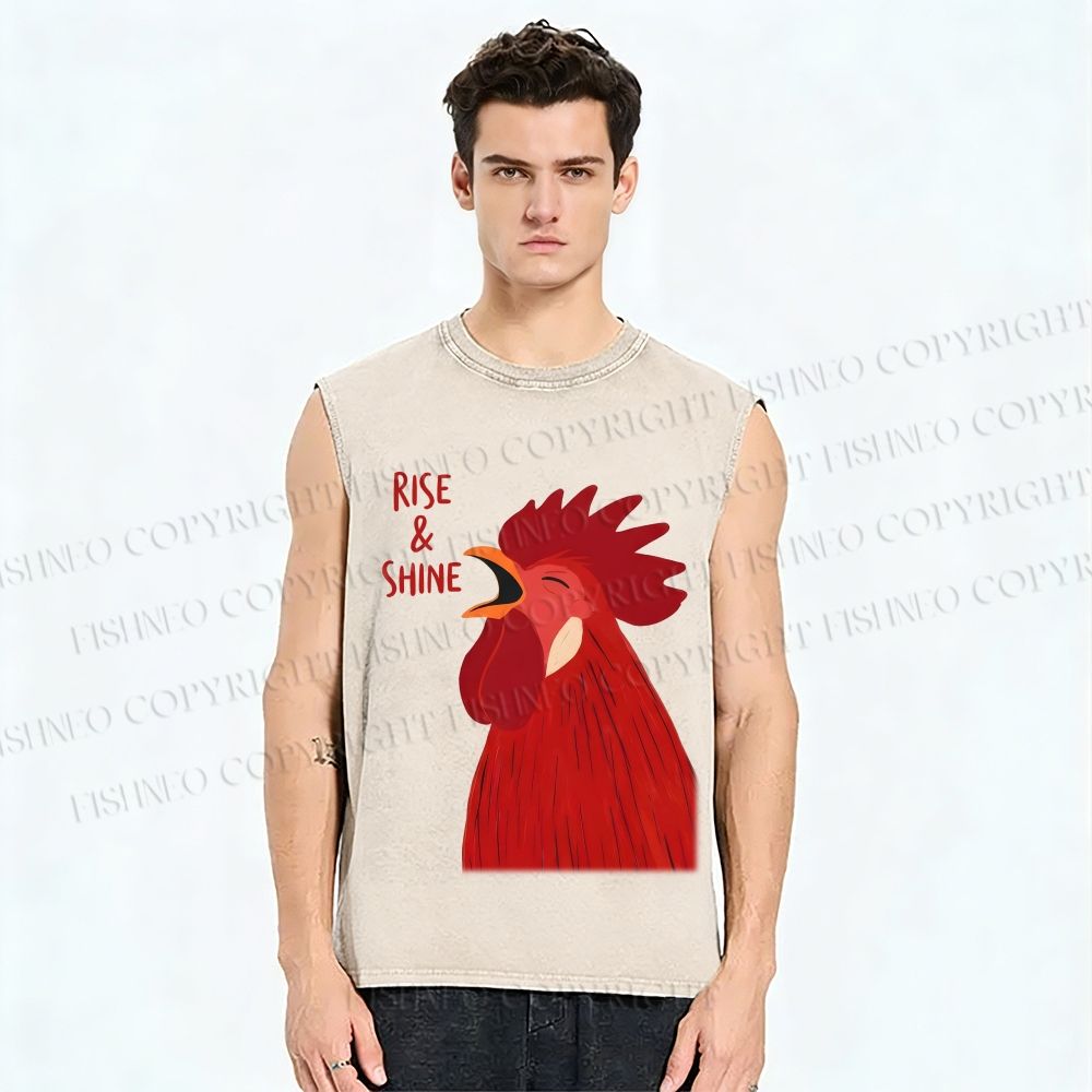 Unisex Rise & Shine Rooster Printed Washed Tank Top