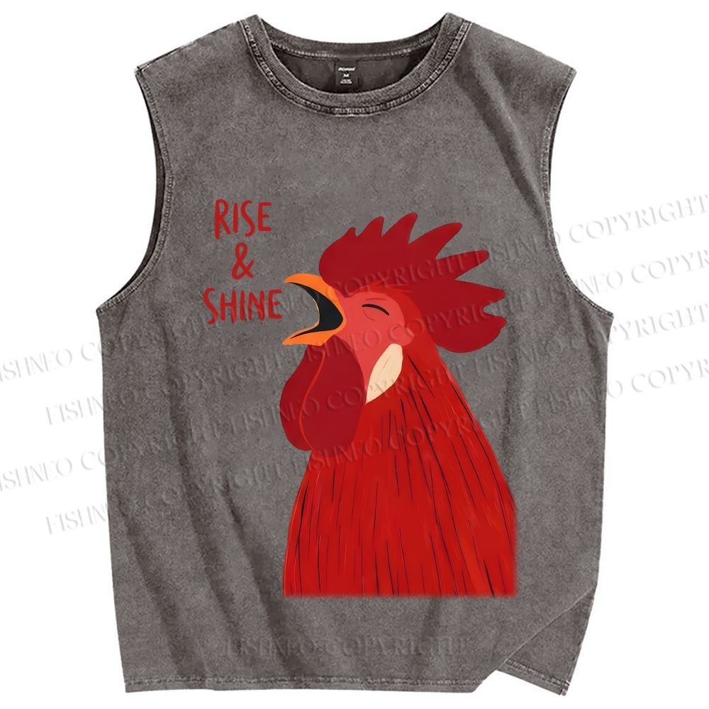 Unisex Rise & Shine Rooster Printed Washed Tank Top