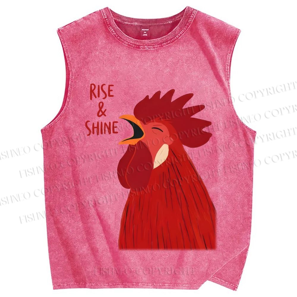 Unisex Rise & Shine Rooster Printed Washed Tank Top