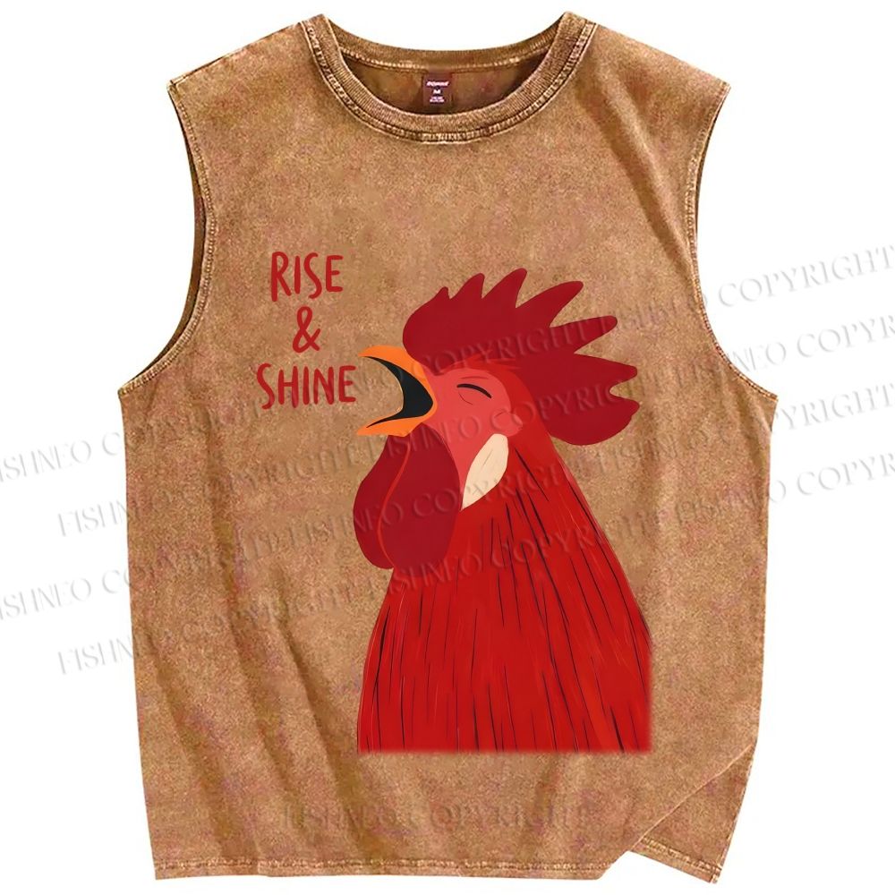 Unisex Rise & Shine Rooster Printed Washed Tank Top