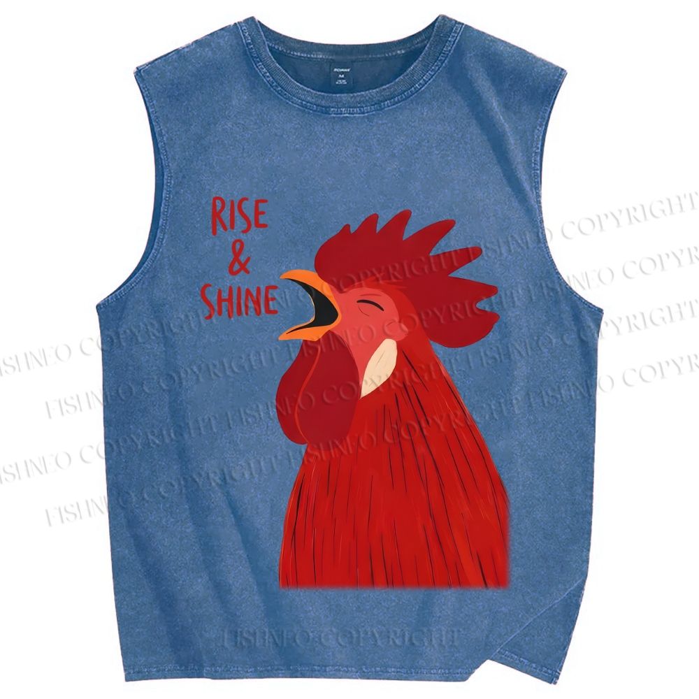 Unisex Rise & Shine Rooster Printed Washed Tank Top