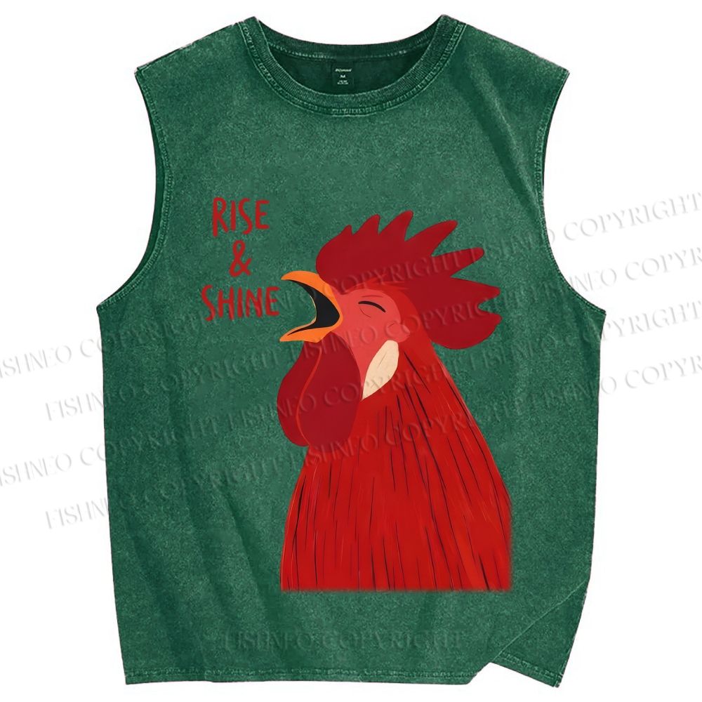 Unisex Rise & Shine Rooster Printed Washed Tank Top