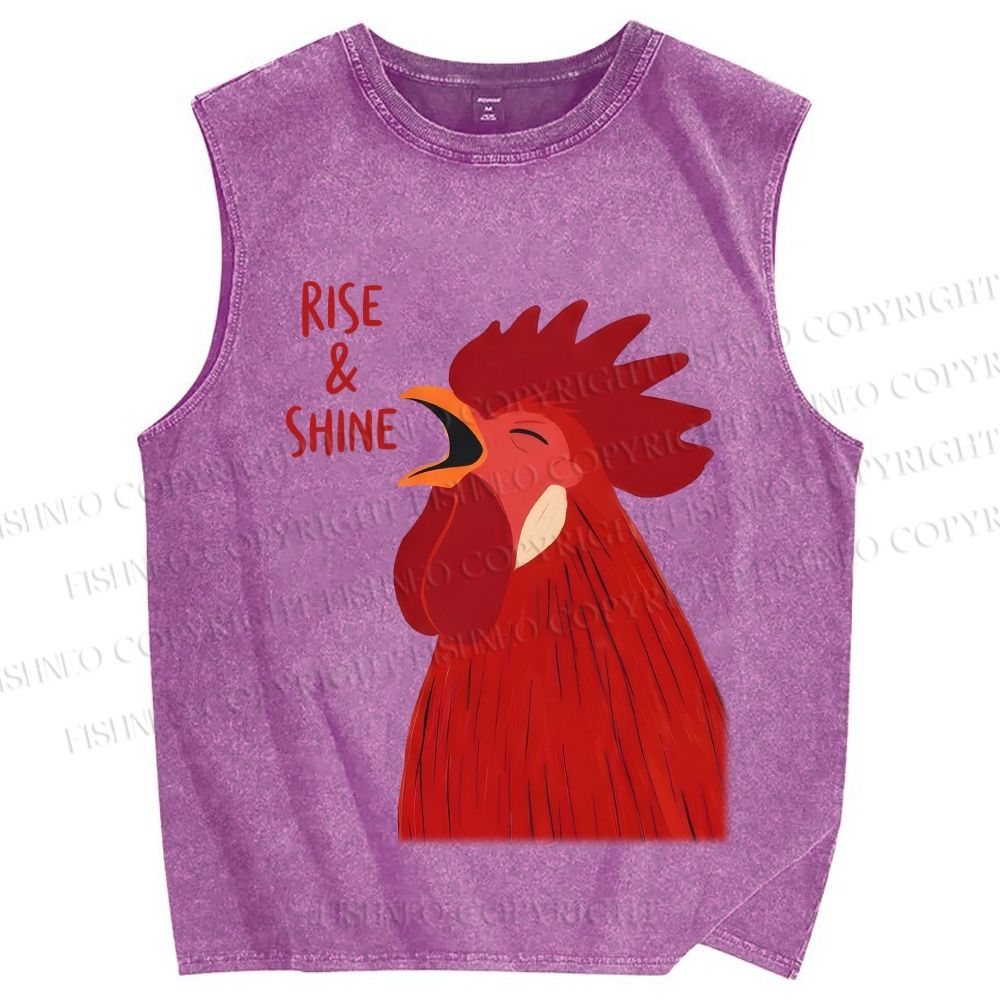 Unisex Rise & Shine Rooster Printed Washed Tank Top
