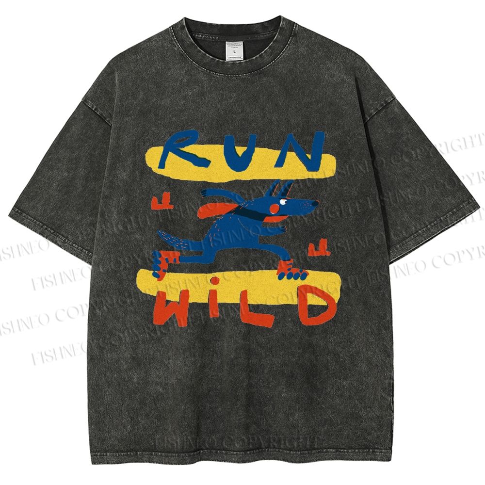 Unisex Run Wild Cartoon Wolf Printed Washed Tee