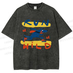 Unisex Run Wild Cartoon Wolf Printed Washed Tee