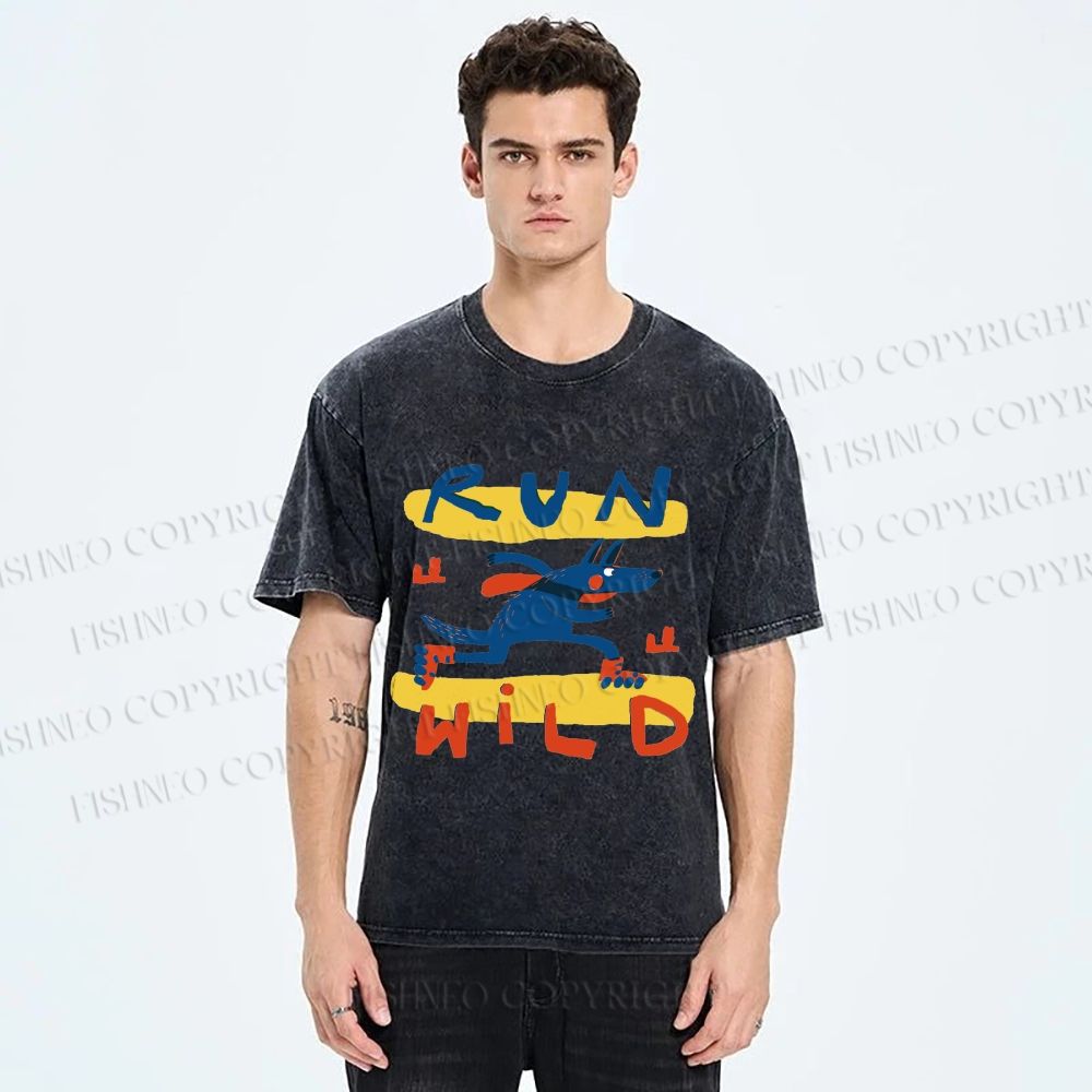 Unisex Run Wild Cartoon Wolf Printed Washed Tee