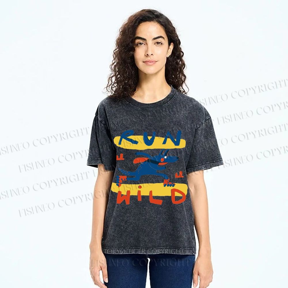 Unisex Run Wild Cartoon Wolf Printed Washed Tee