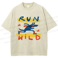 Unisex Run Wild Cartoon Wolf Printed Washed Tee