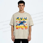 Unisex Run Wild Cartoon Wolf Printed Washed Tee