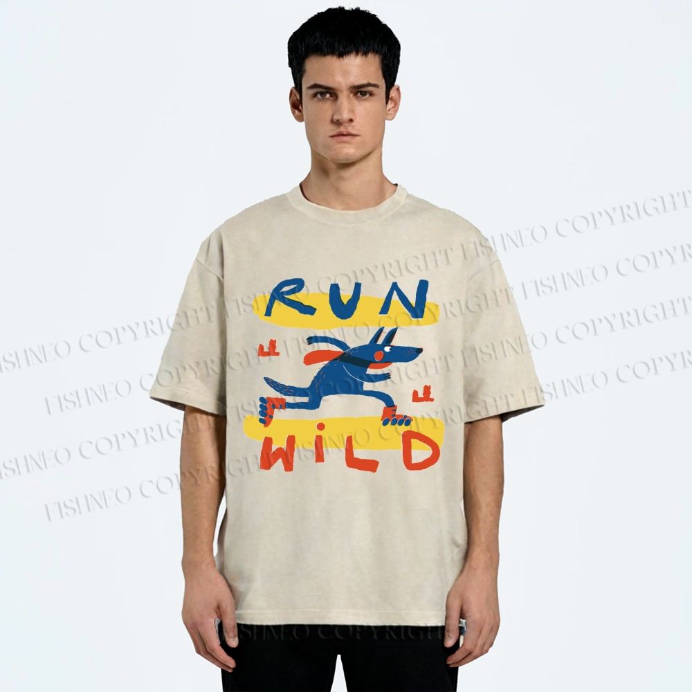 Unisex Run Wild Cartoon Wolf Printed Washed Tee