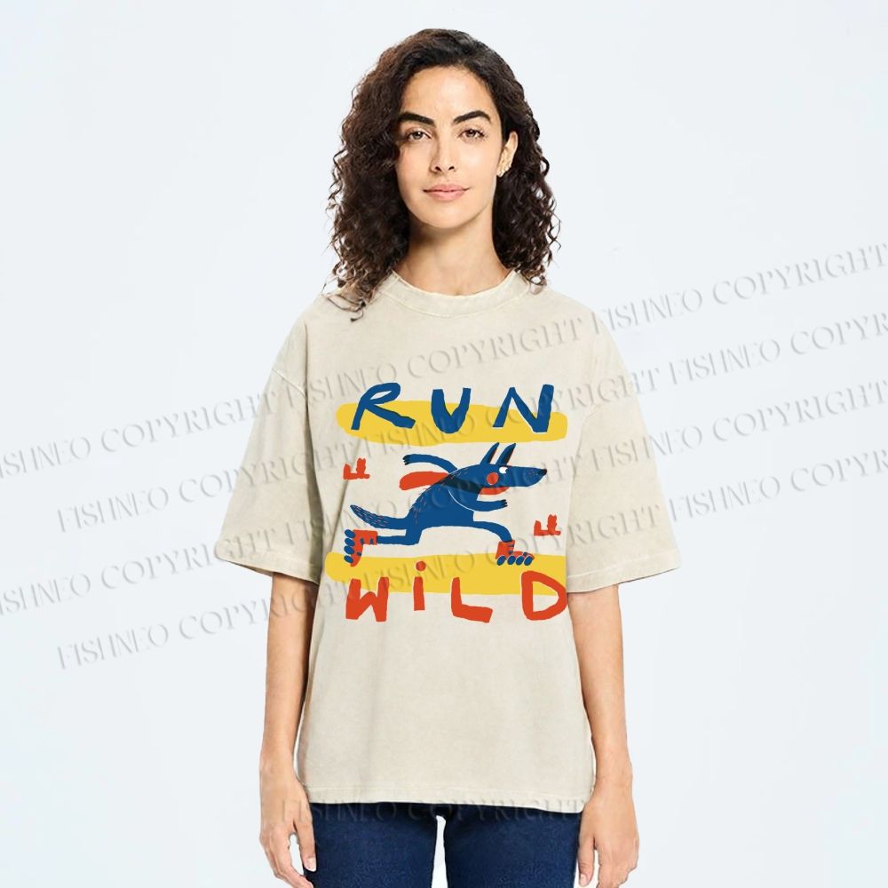 Unisex Run Wild Cartoon Wolf Printed Washed Tee
