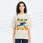 Unisex Run Wild Cartoon Wolf Printed Washed Tee