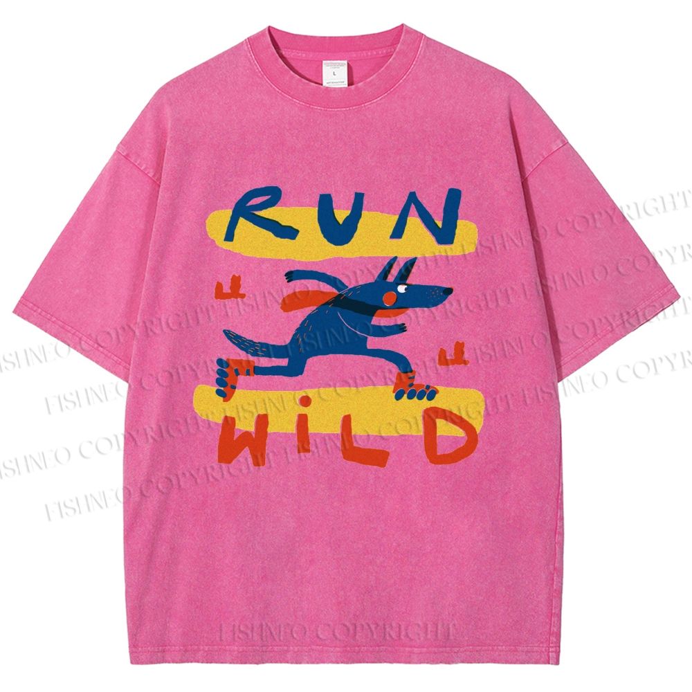 Unisex Run Wild Cartoon Wolf Printed Washed Tee