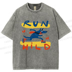 Unisex Run Wild Cartoon Wolf Printed Washed Tee