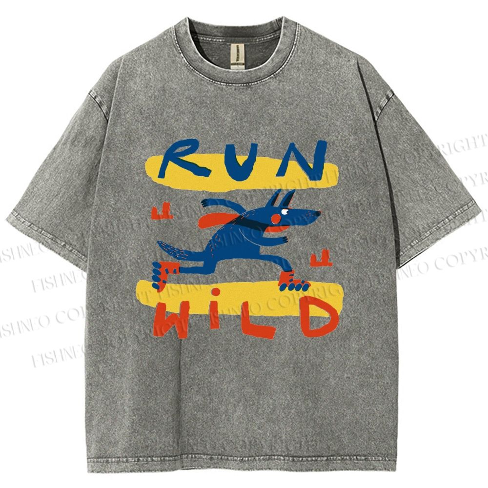Unisex Run Wild Cartoon Wolf Printed Washed Tee